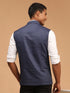 Navy Blue Cotton Blend Solid Nehru Jacket